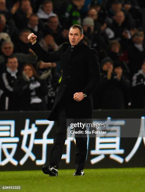 Paul Clement manager of Swansea City celebrates victory after the Premier League match between Swansea City and Leicester City at Liberty Stadium on...