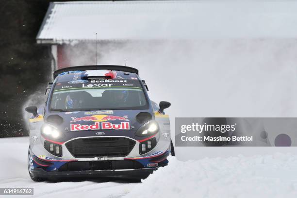 Sebastien Ogier of France and Julien Ingrassia of France compete in their M-Sport WRT Ford Fiesta WRC during Day Three of the WRC Sweden on February...
