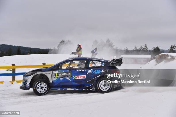 Ott Tanak of Estonia and Martin Jarveoja of Estonia compete in their M-Sport WRT Ford Fiesta WRC during Day Three of the WRC Sweden on February 12,...