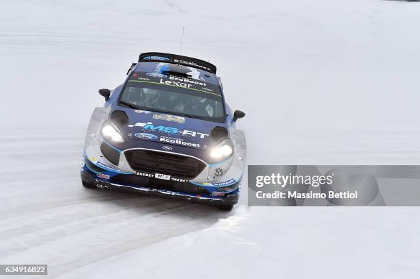 Ott Tanak of Estonia and Martin Jarveoja of Estonia compete in their M-Sport WRT Ford Fiesta WRC during Day Three of the WRC Sweden on February 12,...