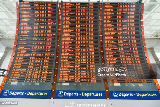 Geant Departures board at the Terminal 2 of Paris Charles de Gaulle Airport. On Sunday, 12 February in Paris, France.