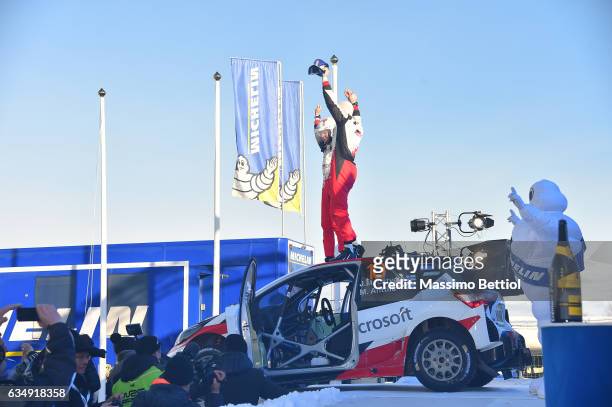 Jari Matti Latvala of Finland and Mikka Anttila of Finland celebrate their victory in the final podium in Torsby during Day Three of the WRC Sweden...