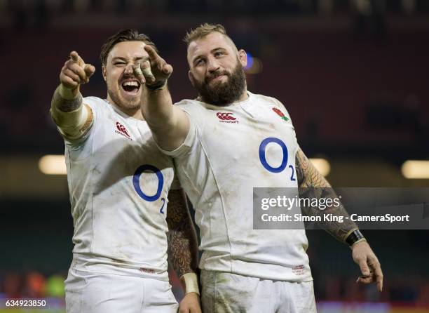 England's Joe Marler with team-mate Jack Nowell see something funny in the crowd during the RBS Six Nations Championship match between Wales and...