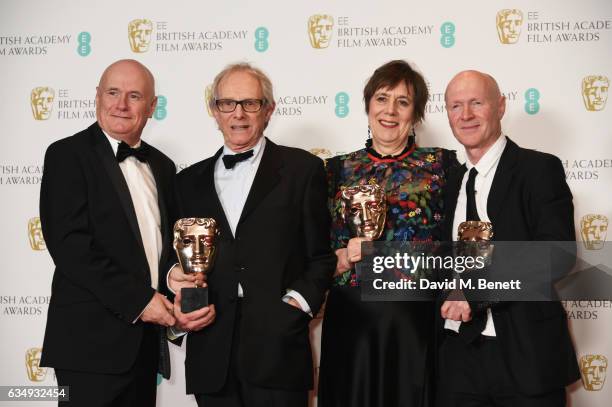 Dave Johns, Ken Loach, Rebecca O'Brien and Paul Laverty, accepting the Outstanding British Film award for "I, Daniel Blake", pose in the winners room...