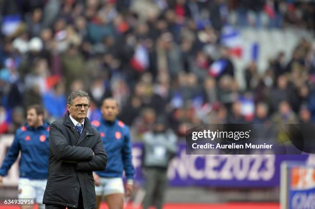 France Head Coach Guy Noves reacts during warmup before the RBS Six Nations match between France and Scotland at Stade de France on February 12, 2017...