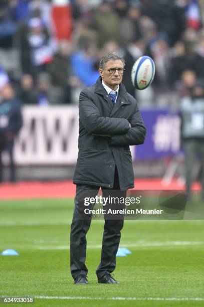 France Head Coach Guy Noves reacts during warmup before the RBS Six Nations match between France and Scotland at Stade de France on February 12, 2017...