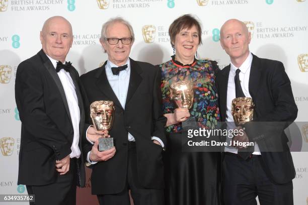 Dave Johns, Ken Loach, Rebecca O'Brien and Paul Laverty pose with their awards for Outstanding British Film award for 'I, Daniel Blake' in the...