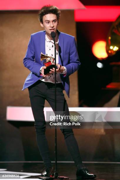 Musical arranger Jacob Collier accepts Best Arrangement, Instruments and Vocals award for 'Flinstones' onstage at the Premiere Ceremony during the...