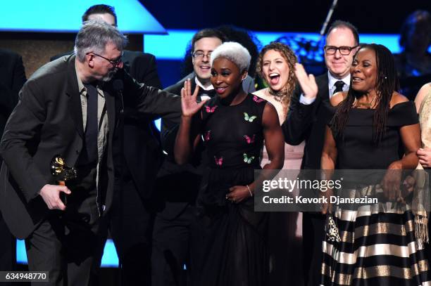 The cast of The Color Purple accept the award for Best Musical Theater Album during at the Premiere Ceremony during The 59th GRAMMY Awards at...