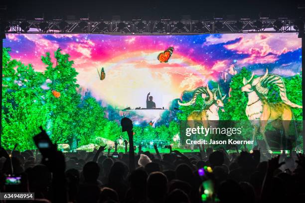 Excision performs on stage at Fillmore Miami Beach on February 11, 2017 in Miami Beach, Florida.