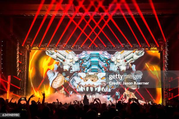 Excision performs on stage at Fillmore Miami Beach on February 11, 2017 in Miami Beach, Florida.