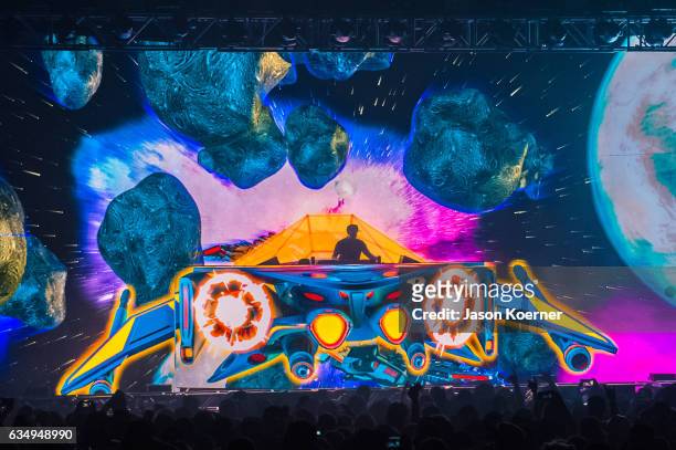 Excision performs on stage at Fillmore Miami Beach on February 11, 2017 in Miami Beach, Florida.