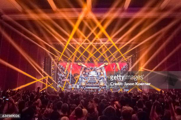 Excision performs on stage at Fillmore Miami Beach on February 11, 2017 in Miami Beach, Florida.