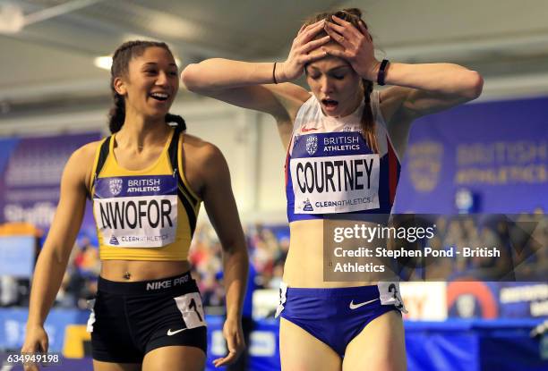 Mollie Courtney of Great Britain reacts to winning in the womens 60m during day two of the British Athletics Indoor Team Trials 2017 at the English...