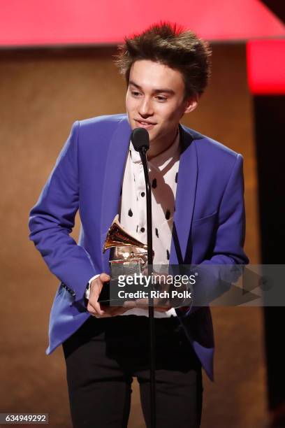 Musical arranger Jacob Collier accepts Best Arrangement, Instruments and Vocals award for 'Flinstones' onstage at the Premiere Ceremony during the...