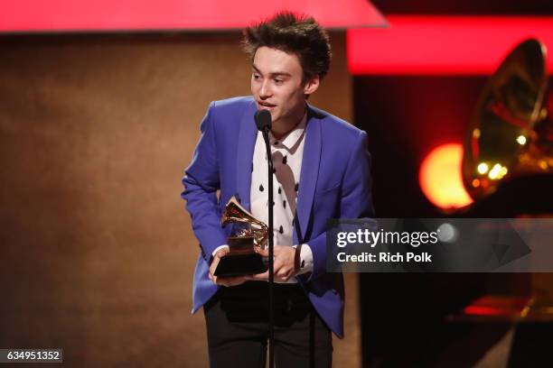 Musical arranger Jacob Collier accepts Best Arrangement, Instruments and Vocals award for 'Flinstones' onstage at the Premiere Ceremony during the...