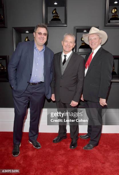 Recording artists Vince Gill, Billy Thomas and Douglas B. Green of music group Riders in the Sky attend The 59th GRAMMY Awards at STAPLES Center on...
