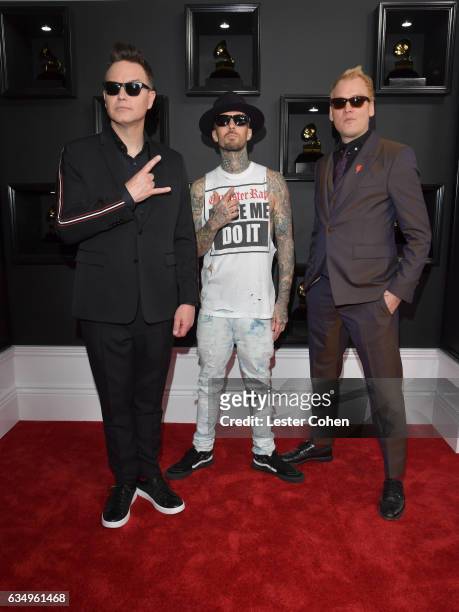 Mark Hoppus, Travis Barker and Matt Skiba of Blink-182 attend The 59th GRAMMY Awards at STAPLES Center on February 12, 2017 in Los Angeles,...