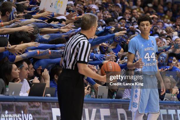 Cameron Crazies and fans of the Duke Blue Devils taunt Justin Jackson of the North Carolina Tar Heels at Cameron Indoor Stadium on February 9, 2017...