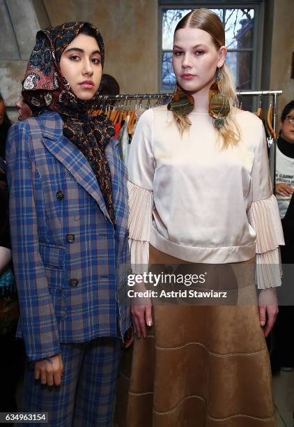 Models pose for photos during the Tracy Reese presentation held at 632 Hudson during New York Fashion Week on February 12, 2017 in New York City.