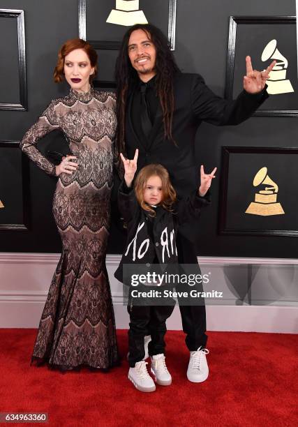 Actor Evis X. Shaffer, musician James 'Munky' Shaffer of Korn and D'Angelo Draxon Shaffer attend The 59th GRAMMY Awards at STAPLES Center on February...