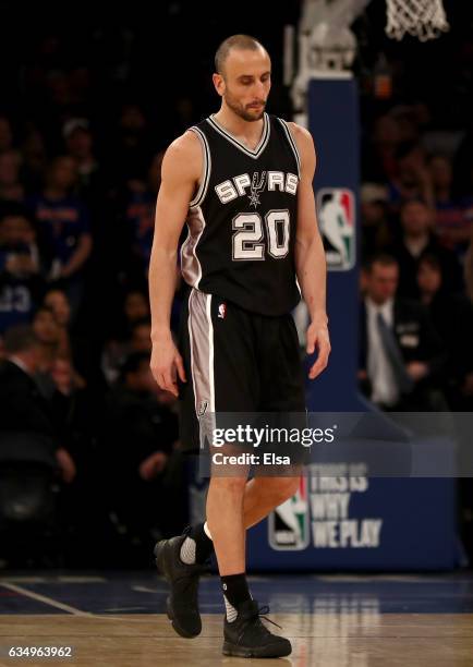 Manu Ginobili of the San Antonio Spurs reacts to the loss to the New York Knicks at Madison Square Garden on February 12, 2017 in New York City. NOTE...