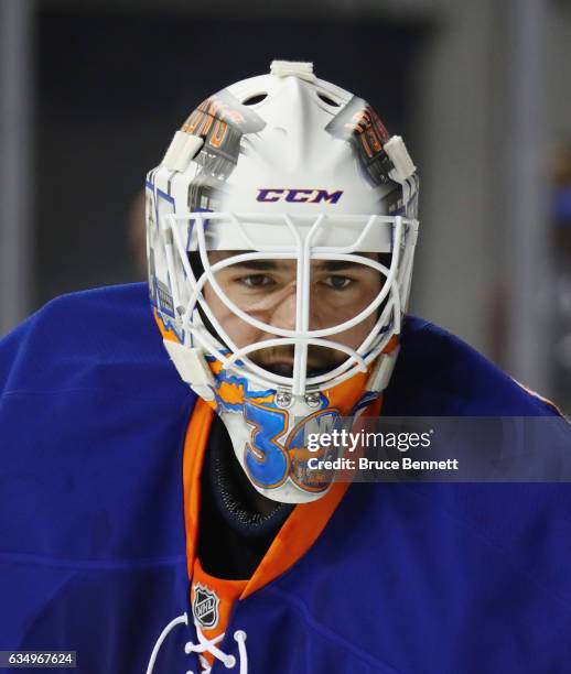 Jean-Francois Berube of the New York Islanders tends net against the Colorado Avalanche at the Barclays Center on February 12, 2017 in the Brooklyn...