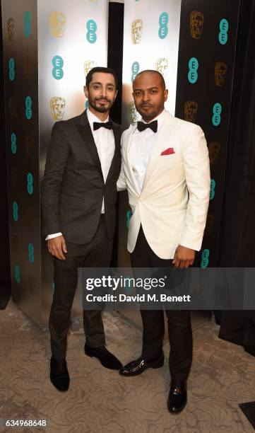 Riz Ahmed and Noel Clarke attend the official After Party Dinner for the EE British Academy Film Awards at Grosvenor House on February 12, 2017 in...