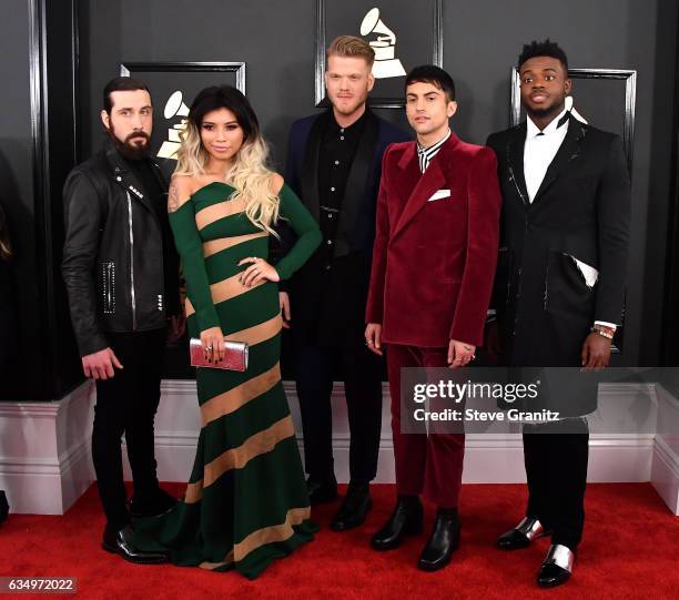 Singers Avi Kaplan, Kirstin Maldonado, Scott Hoying, Mitch Grassi and Kevin Olusola of Pentatonix attend The 59th GRAMMY Awards at STAPLES Center on...