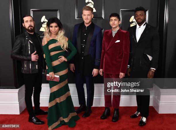 Recording artists Avi Kaplan Kirstin Maldonado, Scott Hoying, Mitch Grassi, and Kevin Olusola of music group Pentatonix attend The 59th GRAMMY Awards...