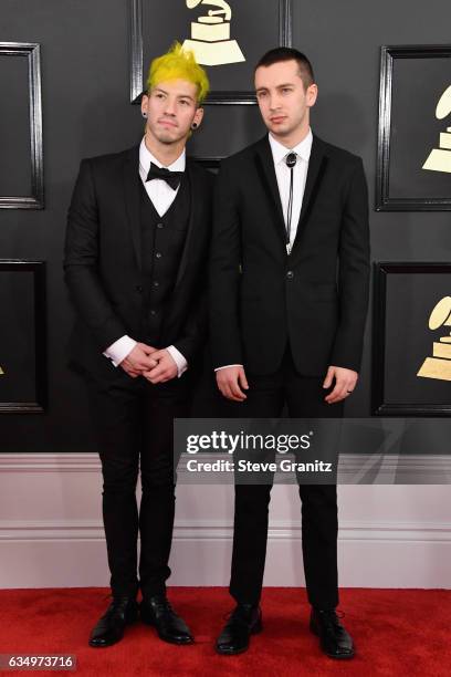 Musicians Josh Dun and Tyler Joseph of Twenty One Pilots attend The 59th GRAMMY Awards at STAPLES Center on February 12, 2017 in Los Angeles,...