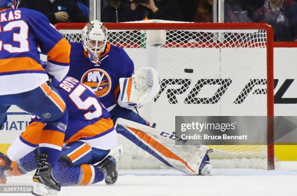 Jean-Francois Berube of the New York Islanders blocks a second period shot against the Colorado Avalanche at the Barclays Center on February 12, 2017...