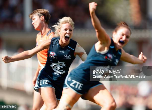 Katie Loynes of the Blues celebrates as Shae Audley of the Blues celebrates a goal during the 2017 AFLW Round 02 match between the Carlton Blues and...