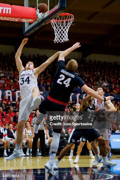 St. Mary's Gaels center Jock Landale scores over Gonzaga Bulldogs center Przemek Karnowski during the second half of the Gaels' 74-64 loss to the...