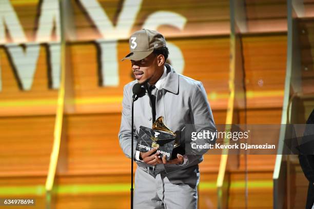 Recording artist Chance the Rapper accepts the award for Best New Artist, onstage during The 59th GRAMMY Awards at STAPLES Center on February 12,...