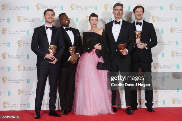 Shpat Deda, Afolabi Kuti, Arta Dobroshi, Daniel Mulloy and Scott O'Donnell pose with their awards for British Short Film Award in the winners room at...