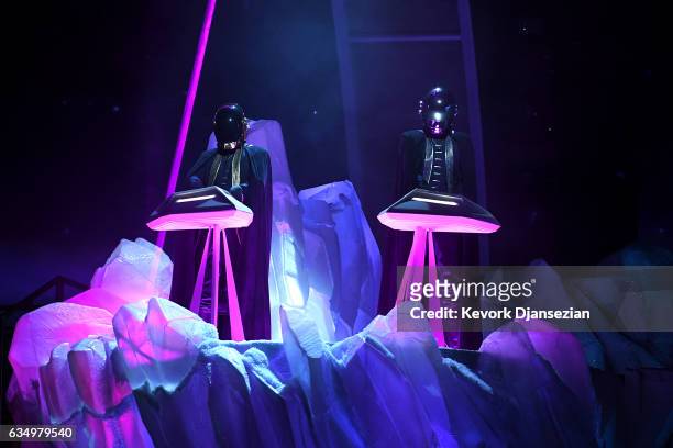 Recording artists Daft Punk perform onstage during The 59th GRAMMY Awards at STAPLES Center on February 12, 2017 in Los Angeles, California.