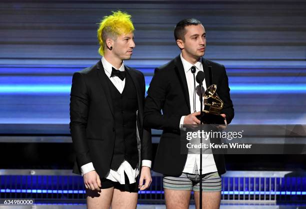 Recording artists Josh Dun and Tyler Joseph of music group Twenty One Pilots accept the Best Pop Duo/Group Performance award for 'Stressed Out'...