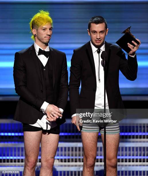 Recording artists Josh Dun and Tyler Joseph of music group Twenty One Pilots accept the Best Pop Duo/Group Performance award for 'Stressed Out'...