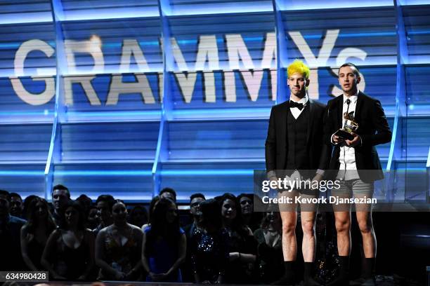 Recording artists Josh Dun and Tyler Joseph of Twenty One Pilots, accept the award for Best Pop Duo/Group Performance, onstage during The 59th GRAMMY...