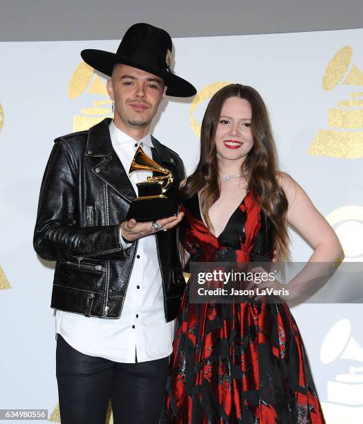 Jesse Huerta and Joy Huerta of Jesse & Joy pose in the press room at the 59th GRAMMY Awards at Staples Center on February 12, 2017 in Los Angeles,...