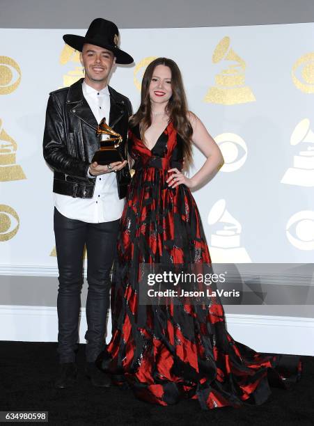 Jesse Huerta and Joy Huerta of Jesse & Joy pose in the press room at the 59th GRAMMY Awards at Staples Center on February 12, 2017 in Los Angeles,...