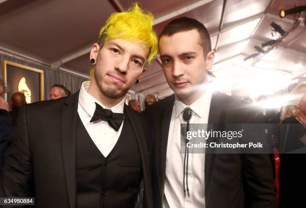 Musicians Josh Dun and Tyler Joseph of Twenty One Pilots attend The 59th GRAMMY Awards at STAPLES Center on February 12, 2017 in Los Angeles,...