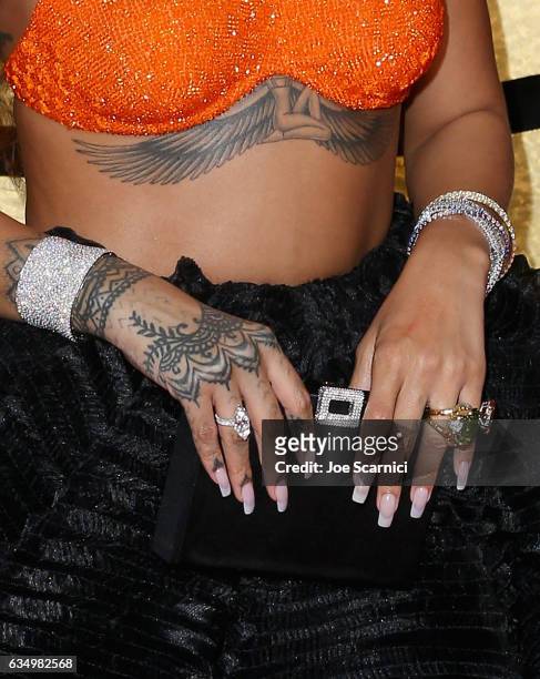 Singer Rihanna, jewelry detail, at The 59th Annual GRAMMY Awards at STAPLES Center on February 12, 2017 in Los Angeles, California.
