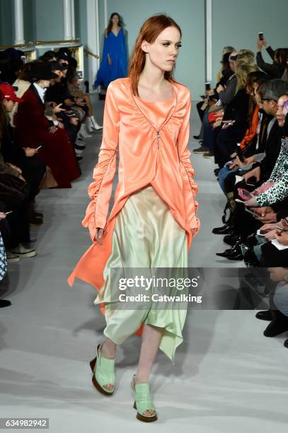 Model walks the runway at the Sies Marjan Autumn Winter 2017 fashion show during New York Fashion Week on February 12, 2017 in New York, United...