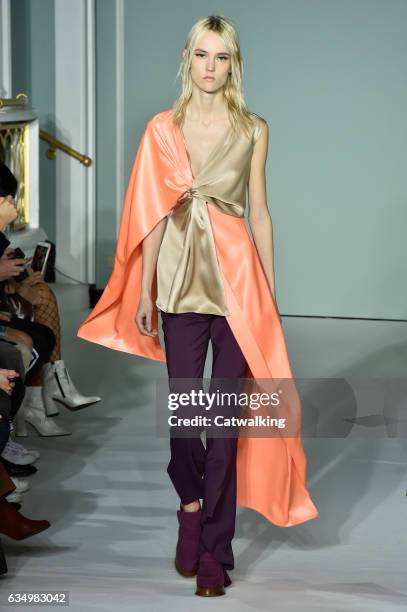 Model walks the runway at the Sies Marjan Autumn Winter 2017 fashion show during New York Fashion Week on February 12, 2017 in New York, United...