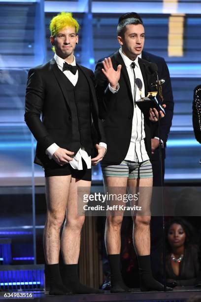 Recording artists Josh Dun and Tyler Joseph of music group Twenty One Pilots accept the Best Pop Duo/Group Performance award for 'Stressed Out'...