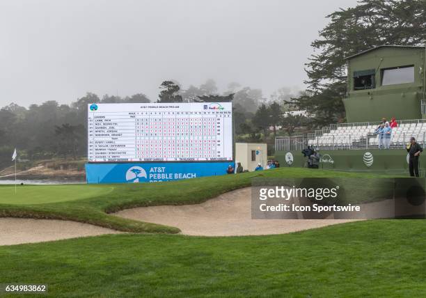 The leader board on the 18th green posts the first round results during the second round of the AT&T Pebble Beach Pro-Am in Pebble Beach, CA on...