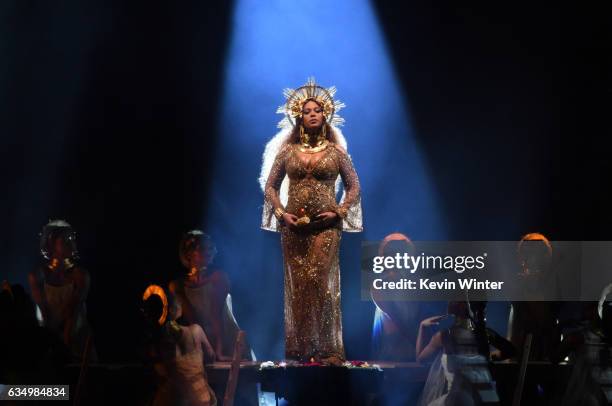 Recording artist Beyonce performs onstage during The 59th GRAMMY Awards at STAPLES Center on February 12, 2017 in Los Angeles, California.