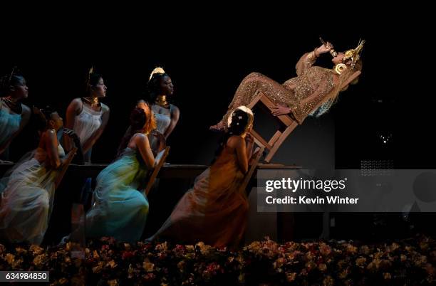 Recording artist Beyonce performs onstage during The 59th GRAMMY Awards at STAPLES Center on February 12, 2017 in Los Angeles, California.